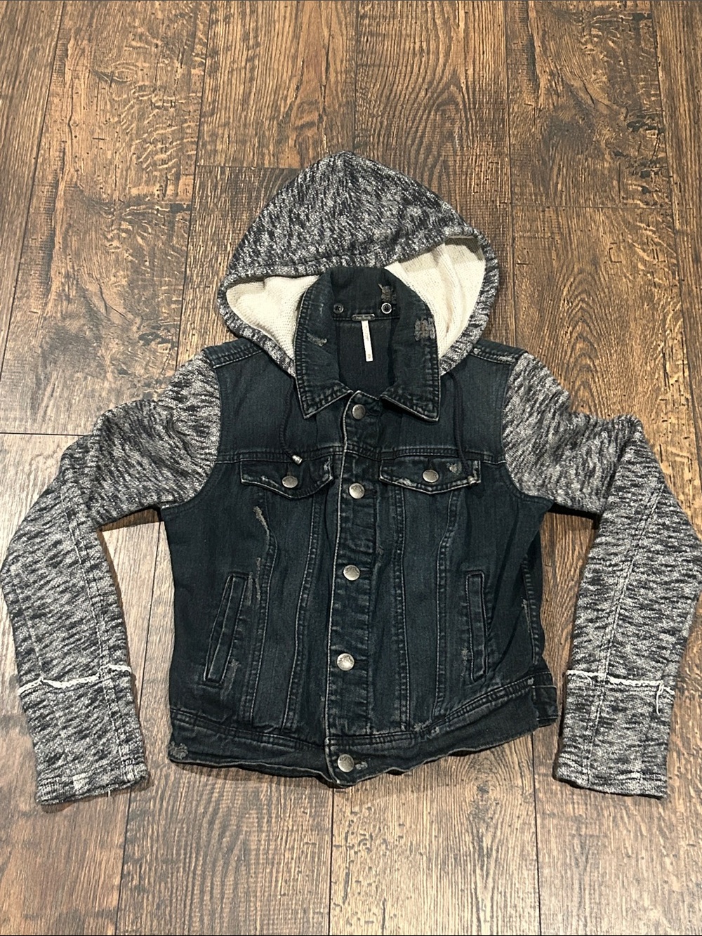 Free People Mixed Media Distressed Hooded Jean Jacket